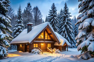 Poster - Cozy wooden cabin in snow-covered forest at sunset