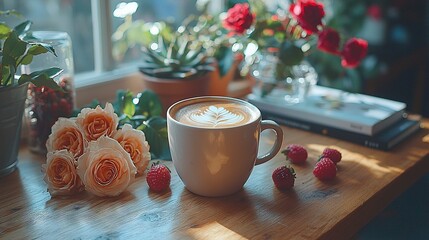 Wall Mural -   A coffee cup perched atop a wooden table, surrounded by vibrant floral arrangements in a vase and lush greenery in a potted plant