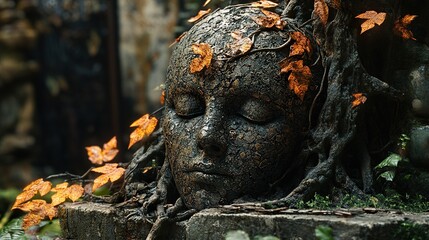 Wall Mural - Stone Face Emerging From Tree Roots in Autumn Forest