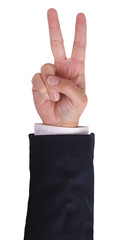 Wall Mural - businessman hand wear suit raising hand and show two finger for number two, concept of counting and 