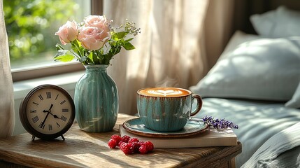 Canvas Print -  Coffee, Flowers, Clock - Table Topped