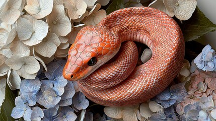 Sticker -   A close-up of a snake resting atop a bed of blue and white flowers