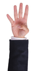 Businessman hand wear suit raising hand and show four finger for number four, concept of counting and gesture expression .