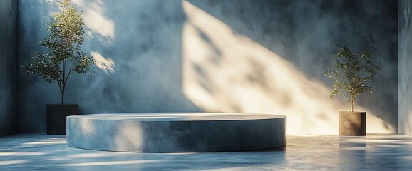 Canvas Print - Minimalistic concrete podium with potted plants in a room with sunlight streaming through a window.