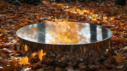 Aufkleber - A polished circular surface rests on a bed of vibrant autumn leaves in a tranquil forest
