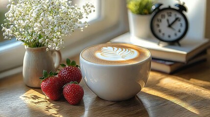 Poster -   Cup of cappuccino rests on table beside strawberries & vase of blossoms