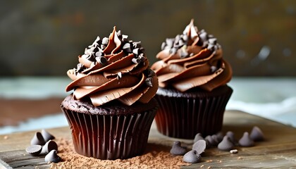 Indulgent chocolate cupcakes adorned with rich frosting swirls and colorful sprinkles, an irresistible treat for dessert lovers