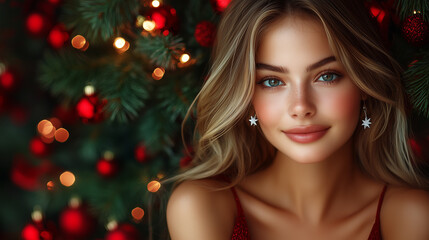 Portrait of a young beautiful woman with Christmas tree.