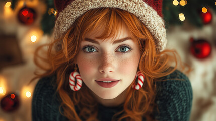 Portrait of a young beautiful woman with Christmas tree.