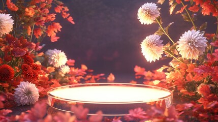 Poster - The scene showcases a softly lit pedestal surrounded by a rich array of blooming flowers in various colors. The setting is tranquil and inviting, perfect for a showcase of decorative pieces or art.