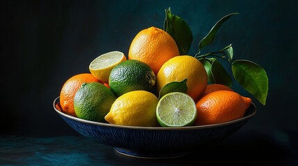 Sticker -   A bowl of oranges, limes, and lemons on a blue tablecloth against a black background