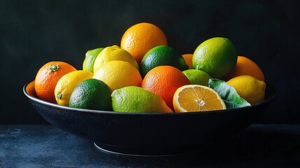 Poster -  oranges, lemons, and limes The black backdrop adds contrast, showcasing their vibrant