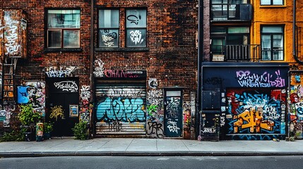 Canvas Print -   Buildings adorned in graffiti line a road, fire hydrant positioned on street