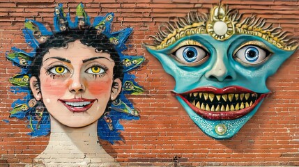 Poster -   Two masks, one depicting a woman and the other a man, adorn a brick wall