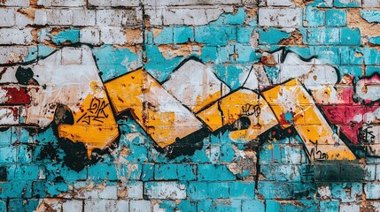 Wall Mural -   Blue, yellow, and white graffiti on a wall with writing