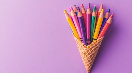 Sticker -   A colorful stack of pencils on an ice cream cone with a purple backdrop and copy space