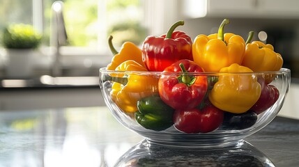 Sticker -   A bowl containing red, yellow, and green peppers sits on a kitchen counter near a window