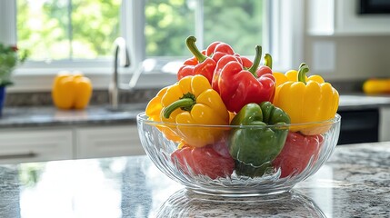 Sticker -   Glass bowl filled with red, yellow, and green peppers on a kitchen counter near a window