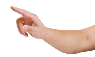 Wall Mural - a hand finger is pointing out. hand gesture isolated in white background.