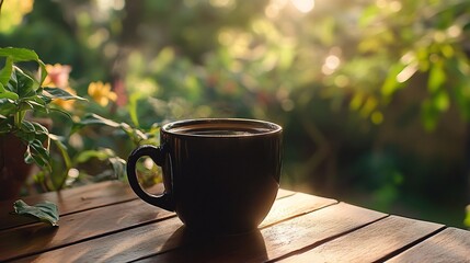 Wall Mural - A cup of coffee on a wooden table with a green background.