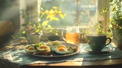   A plate with eggs resting near a tea cup and a potted plant on a table