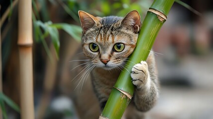 Wall Mural - A tabby cat with green eyes peeking from behind a bamboo stalk.