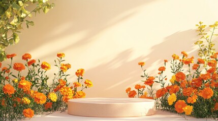 Poster - Bright orange flowers flourish around a circular platform in a serene garden. The space is warmly illuminated by sunlight, creating a tranquil atmosphere perfect for a summer gathering or event.