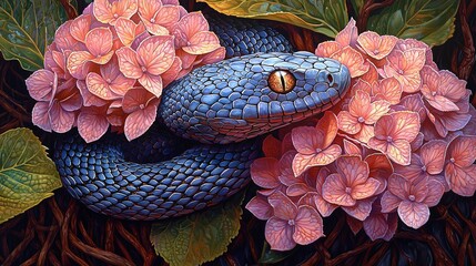 Wall Mural -   A painting depicts a serpent coiled on a tree limb surrounded by vibrant pink blossoms and lush foliage