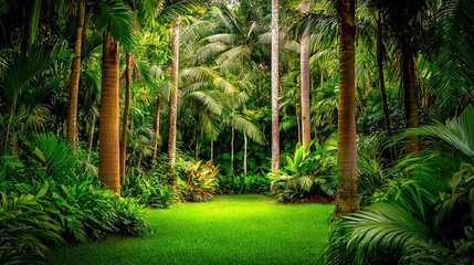 Poster -   A verdant forest brims with tall trees and a dense carpet of palms, blanketing the ground in vibrant foliage