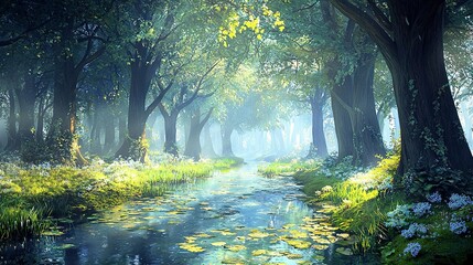 Canvas Print -   A painting portrays a forest's stream, featuring lily pads upfront and trees behind it