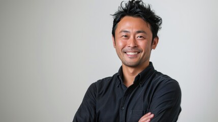 Confident man with a smile and arms crossed, wearing casual fashion against a white studio backdrop. Happy male model showcasing stylish attire