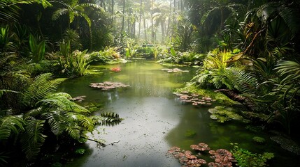 Canvas Print -   A lush green forest filled with lots of trees and plants is beside a river that flows through it