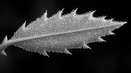 Poster -   A monochrome image of a leaf with water droplets on its surface is depicted in the foreground of the photograph