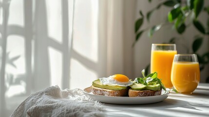 Sticker -   A plate of food sits next to an orange juice glass