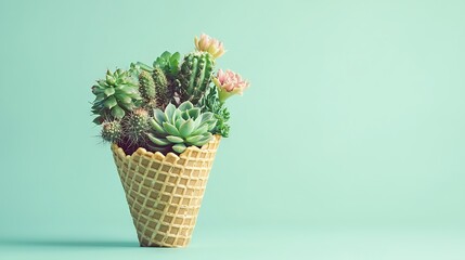 Poster -   A blue cone of ice cream with succulents inside and a green background