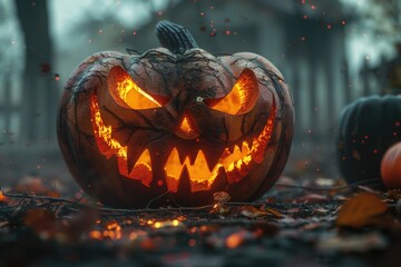 Wall Mural - A jack-o-lantern with glowing eyes sits amidst autumnal woods, perfect for Halloween decor or spooky atmosphere