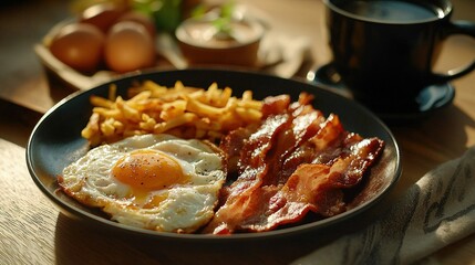 Poster -  A breakfast dish featuring crispy bacon, fluffy eggs, French fries, and a steaming cup of coffee arranged on a table