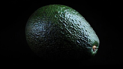   A close-up photo of an avocado against a dark backdrop, showing water droplet