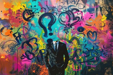 Poster - A business professional stands in front of a vibrant graffiti wall, perfect for office or corporate use