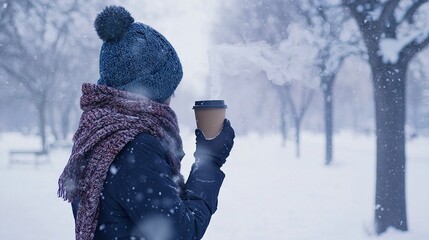 Wall Mural -   A woman in snow holds a steaming coffee cup, gazing at a falling tree