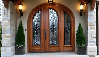 Wall Mural - Intricately Carved Wooden Arched Door with Double Panels and Metallic Handles, Ideal for Stylish Entryways