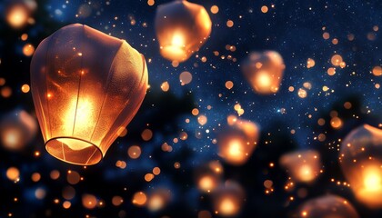 Golden lanterns floating into the night sky, their soft glow illuminating the dark, creating a serene and magical atmosphere