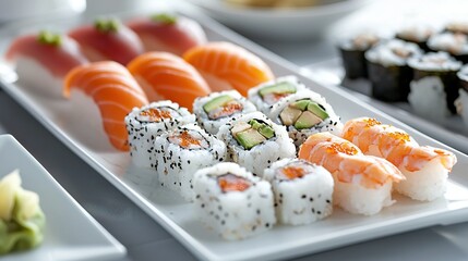 Poster -   A white plate holds an array of sushi, veggies, and dipping sauce