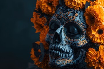 Poster - A skull surrounded by bright yellow flowers, great for Halloween or death-themed designs