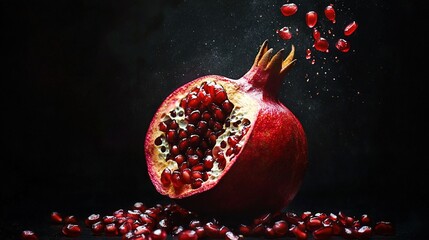 Poster -   A Pomegranate Falling onto Black Background with Water Splash