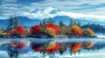 Sticker -   A picturesque scene with a serene lake surrounded by majestic mountains and vibrant foliage featuring shades of red, yellow, and green in the foreground (51