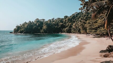 Canvas Print -  A small island in the center of a tranquil bay surrounded by lush greenery on either side