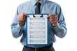 © Fotograf - A person holding a clipboard with a checklist, useful for office or workplace scenes