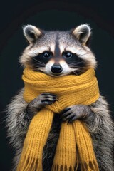 Wall Mural - A raccoon wearing a bright yellow scarf, likely for warmth and visibility