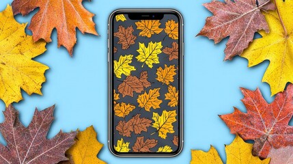 Poster -   A cell phone rests on a blue background with autumn leaves in orange, yellow, red, and green shades surrounding it